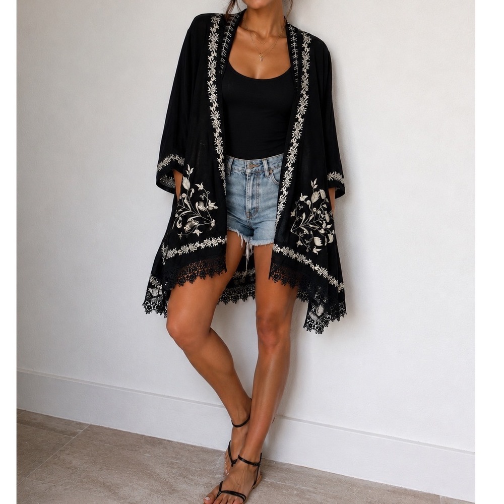Paparazzi Black Embroidered Cotton Kimono Lace Trim Boho Festival Cardigan S i3